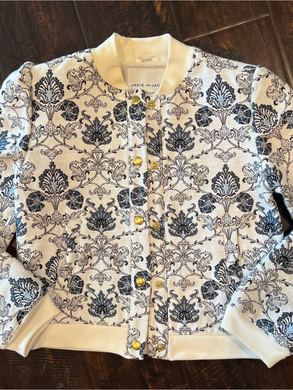 Janie and Jack White Floral Jacquard Bomber Jacket with Navy Accents